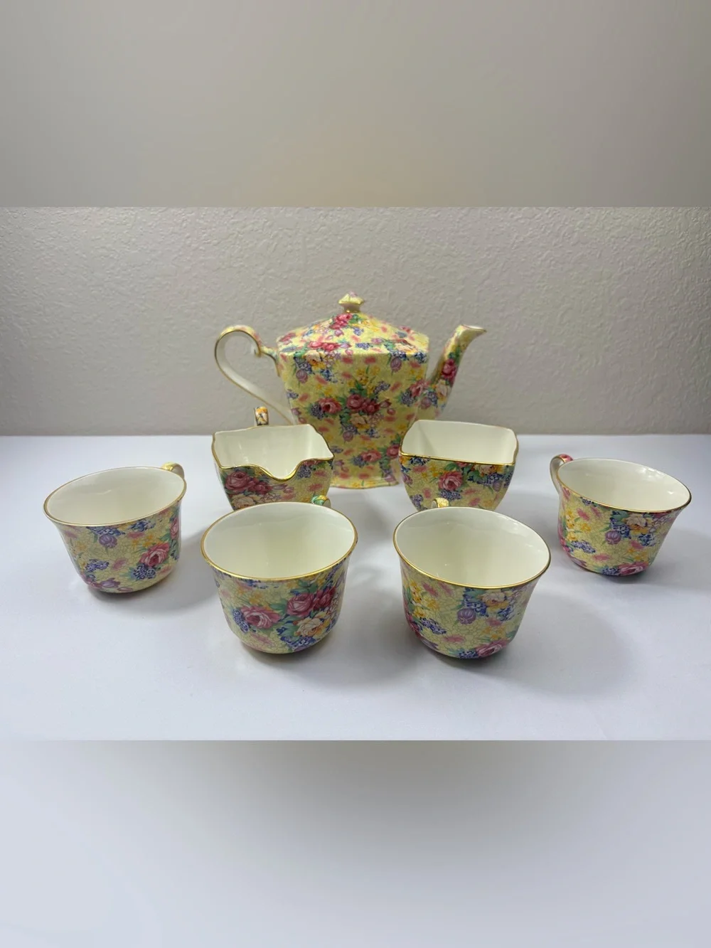 Royal Winton Wellbeck Chintz Tea Set with Pale Yellow Floral Pattern & Gold Trim